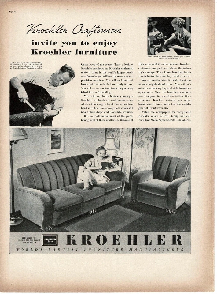 1937 Kroehler Furniture Set Sofa Chair Suite No. 8540 Vintage Print Ad - Image 1 of 1