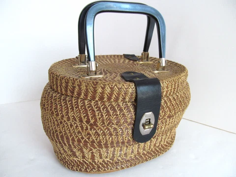 Vtg Woven Wicker Basket With Double Handle Purse Sewing Tote Storage Lined T Cover