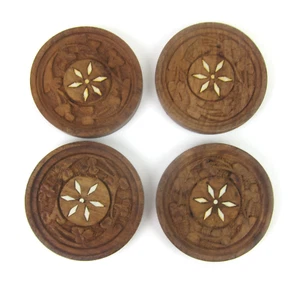 Vintage Drink Coasters 4 Hand Carved Wood Shell Inlay Flowers India Boho MCM - Picture 1 of 7