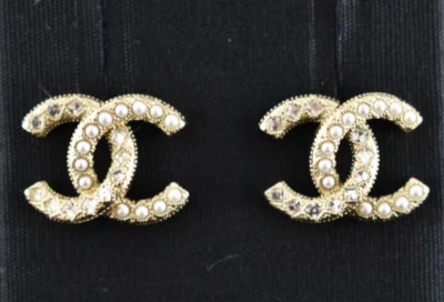 Chanel 21A Gold Pearl White Strass Crystal CC Logo Drop Statement Stud Earrings - Image 1 of 4