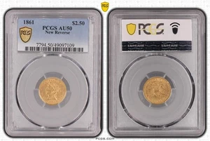 1861 P $2,50 Oro Liberty Head Cuarto de Águila PCGS AU-50 Nuevo Reverso - Imagen 1 de 1