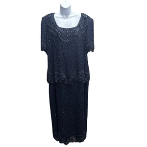 Vintage Scala Kleid Damen Größe Plus 2X dunkelblau Kurzarm 100% Seide Hochzeit - Bild 1 von 6