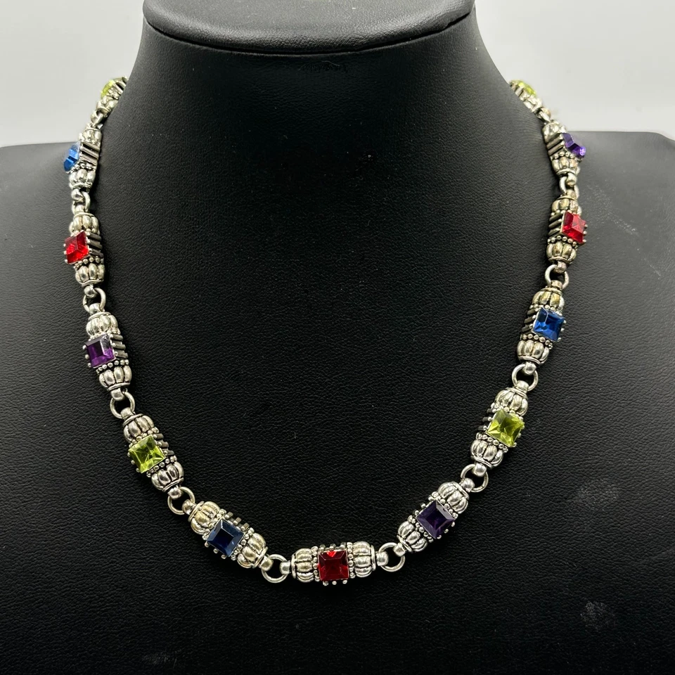 Silver Tone Colorful Square Stone Link Necklace Beaded Metal Detail 14.5 Inch - Image 1 of 4