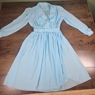 Vintage Henry Lee Baby Blue Collared Midi Dress Long Sleeve Belted Cottagecore  - Image 1 of 4