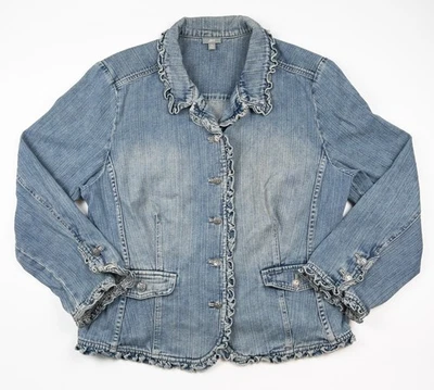 J. Jill Denim Jacket Women's XL Blue Ruffle Trim Button Front Vintage Y2K Jean - Image 1 of 4