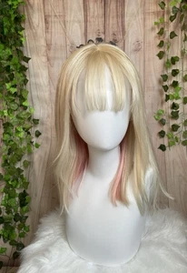 Parrucca lunga 16" Bob biondo chiaro e rosa pastello capelli umani luci basse pizzo - Foto 1 di 12