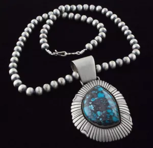 Collana di perle in argento sterling con ciondolo turchese di montagna cinese naturale - Foto 1 di 4