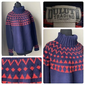 Duluth Trading Company Blue Red Turtleneck Sweater L Geometric Print Fair Isle - Picture 1 of 12