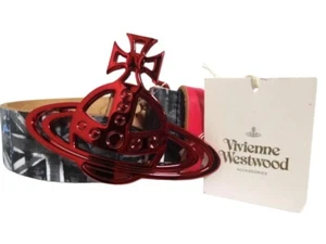 Vivienne Westwood Belt With Emblem Red Gray Cowhide Genuine Leather Japan New - Picture 1 of 4
