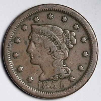 1854 Braided Hair Large Cent CHOICE VF/XF E226 ZNC - Image 1 of 2