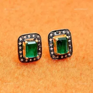0,35 Smaragd Edelstein Ohrring 925 Sterling Silber Pave Diamant Damen Ohrring - Bild 1 von 4