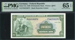 Germany 1949 20 Deutsche Mark P17a PMG 65 EPQ GEM UNC - Picture 1 of 2