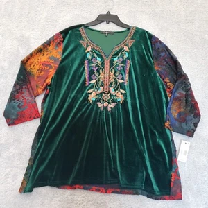 Calessa Plus Size Tie Dye Embroidered Velvet V-Neck 3/4 Sleeve Burnout Tunic 3X - Picture 1 of 5