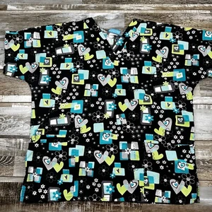 Women's HQ Scrub top green black floral hearts Nurse Medical - Picture 1 of 5