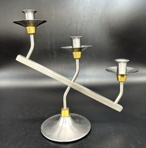 Vintage Silver Tone & Brass Metal Candle Holder Graduated 3 Arm Candelabra 8.25" - Picture 1 of 6
