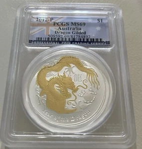 2012 P Australia Gilt Gilded 1oz Silver Dragon PCGS MS69 - Flag Label - Picture 1 of 1