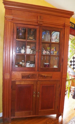 Antique 1850's Empire 12 glass pane Corner Cupboard Kitchen Cabinet Raised Panel Cover