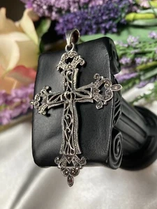 Vintage Filigree 925 Sterling Silver Marcasite Pendant Cross - Picture 1 of 10