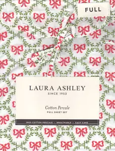 Laura Ashley Full Sheet Set Bow Trellis Red 4pc Cottage Holiday Green Farmhouse - Picture 1 of 4
