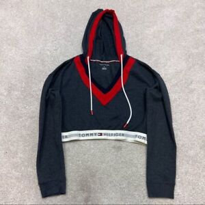 Tommy Hilfiger Women's Blue Red Cropped Long Sleeve Pullover Hoodie Size Medium