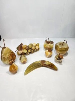Vintage Polished Onyx Stone Fruits Pear, Apple, Grapes Carved Marble Food MCM  - Image 1 of 4