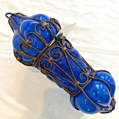 Antique EGYPTIAN Art Nouveau HAND BLOWN Ceiling Light GLOBE ONLY 13" Tall Blue - Image 1 of 4