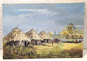 Original Öl auf Leinwand "Afrikanische Dorfszene" signiert von Mavinga - 15,75" x 23" - Bild 1 von 12
