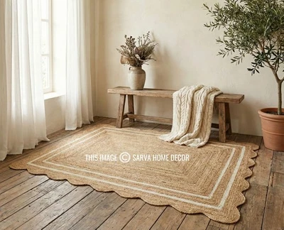 Handmade Scallop Jute Area Rug, Natural Braided Floor rug runner Farmhouse Style - Image 1 of 4