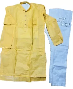 NWT Men's Kurta PAJAMA SET SZ 44 Large Yellow white cotton EID INDIA-USA SELLER - Picture 1 of 9