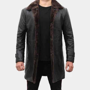 Men's Sheepskin Long Coat Real Sheep Leather Black Trench Coat Fur Jacket - Picture 1 of 4