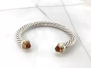 David Yurman 14K Gold Citrine Tip Sterling Silver Cable Cuff 7mm Bracelet 585 - Picture 1 of 15
