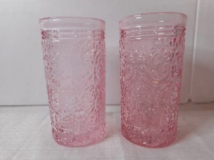 JAX Shannon By Godinger Crystal Set 2 Highball Glasses Pink 14oz Embossed Detail - Picture 1 of 7