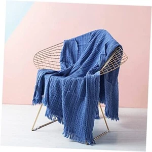 100% Cotton Throw Blanket for Couch, Bed, Waffle Weave Cable Knit Blanket Blue - Picture 1 of 8