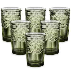Vintage Glassware Drinking Glasses Set Of 613 Oz Green Textured Flower Design Gl - Picture 1 of 7