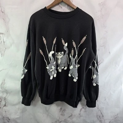 Vintage Cat Sweatshirt Womens Large Black Cattails Crew Pullover 90s 80s - Image 1 of 4
