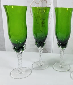 3-VTG Emerald Green w/Clear Textured Stems Champagne Flute/Wine Glasses 7.5" - Picture 1 of 7