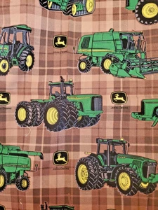 John Deere Handmade Pillow Case Tan/Brown Plaid with Tractors 21" x 29" - Picture 1 of 2