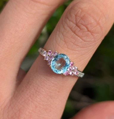 Кольцо из золота 9 карат с натуральным голубым аквамарином и розовым сапфиром бриллиантом 1 карат размер 6,75 - Изображение 1 из 4