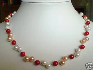 N691 echte Zucht Süßwasser Perlen Schmuck Halskette Perlenkette Collier Koralle - Bild 1 von 1