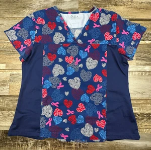 Women's Gem Scrubs top L blue hearts breast cancer ribbon Nurse Medical - Picture 1 of 5