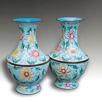 Chinese Antique Canton Enamel Pair of Vases -Qing Dynasty - 19th C -Superb -21cm - Image 1 of 4