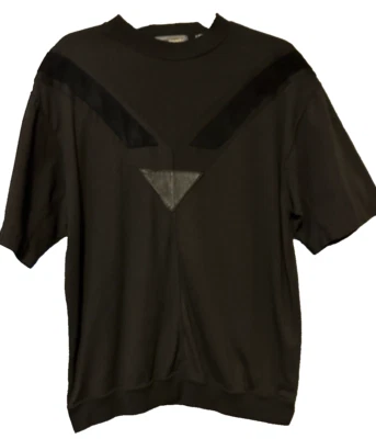 Mens Vintage 80s 90s Black pullover Shirt M.E. Sport Large leather accents GEO - Image 1 of 4