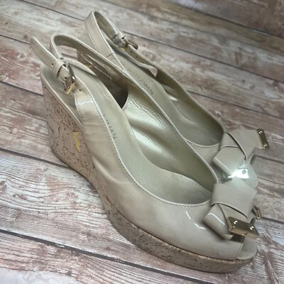 Stuart Weitzman Womens Patent Leather Peep Toe Slingback Wedges Beige Size 9.5 - Image 1 of 4