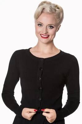 Black Vintage Plain Rockabilly Retro Round Neck Dolly Cardigan BANNED Apparel - Image 1 of 2