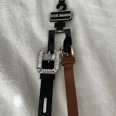 Steve Madden Mujer Vegano Cinturón Cuero Coñac/Negro Latón Estrás Conjunto 2 Med Foto 1 de 4