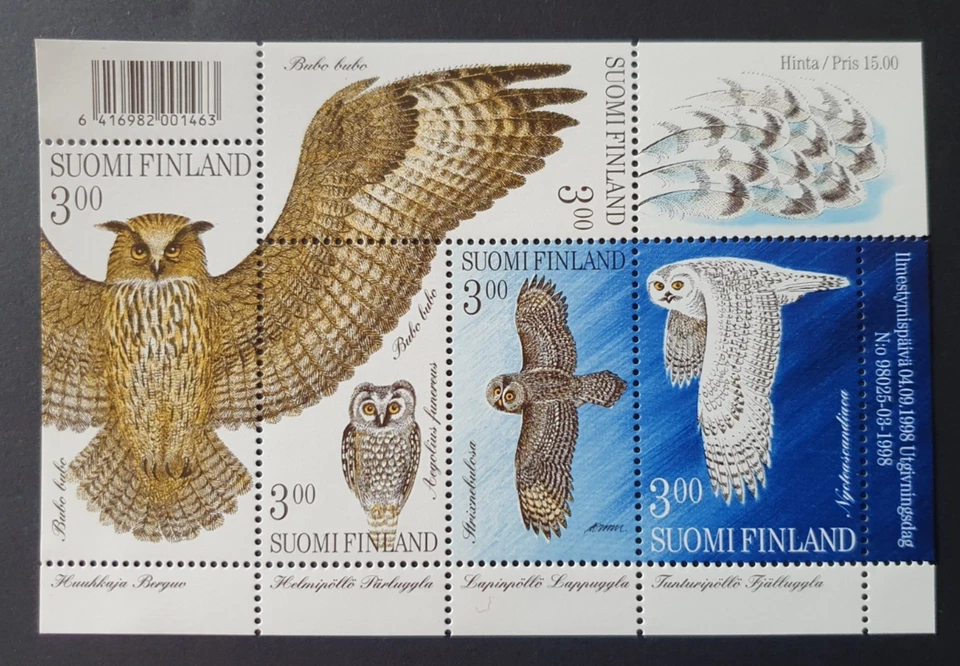 1998 FINLAND SUOMI SHEET FAUNA OWLS BIRDS VF MNH - Image 1 of 1