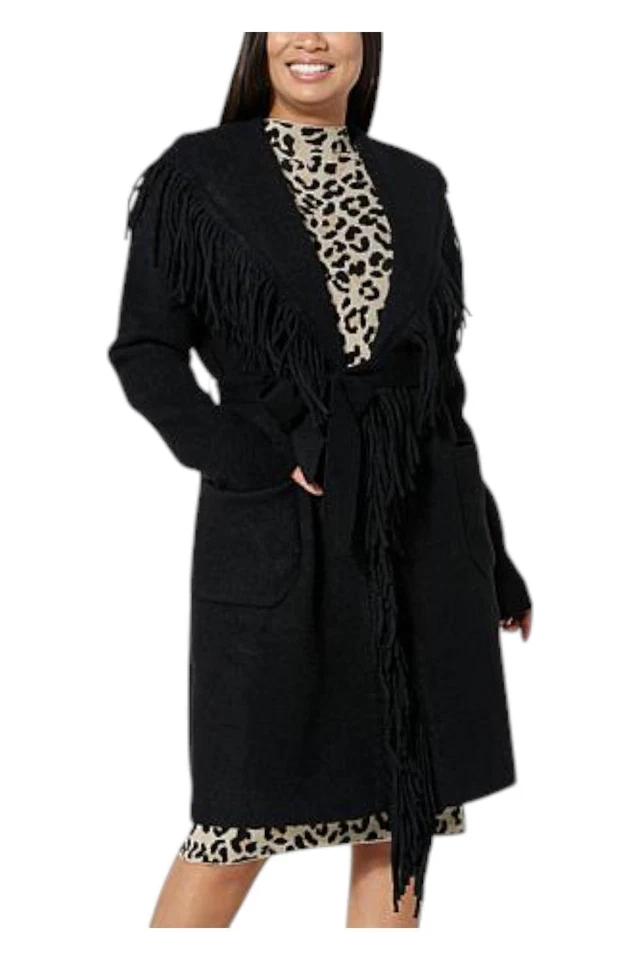 Abrigo negro con flecos y pestañas Badgley Mischka para mujer Foto 1 de 1