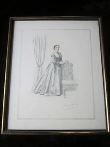 Fine Antique Victorian Fashion Pencil & Wash Drawing Signed Wykeham Framed - Picture 1 of 9
