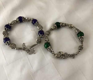Two Jade Beaded Adjustable Bracelets, Purple and Green, Tibetan Silver Adornment