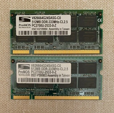 2X 512mb  (1GB) PC2700 (DDR 333)  ProMOS  SODIMM laptop - vintage RAM - TESTED - Image 1 of 2
